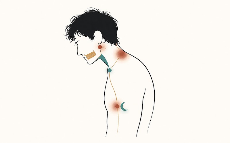 Forward-head figure with jaw highlighted and pain radiating at neck and mid-back, showing the cascade from jaw downward