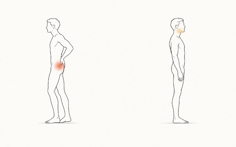 Two standing figures: one with red-highlighted low back pain leaning to one side, the other standing upright with a gold jaw highlight