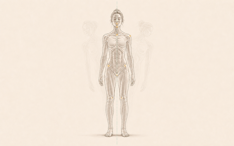 Standing anatomical figure with golden joint highlights and faded shadow variations on each side, showing aligned posture