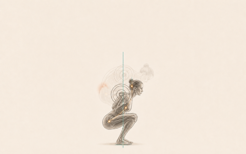 Person in a deep squat with anatomical overlay and teal vertical alignment line, with respiratory visualization around the ribcage