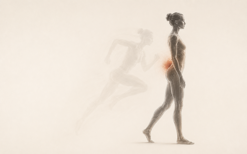 Walking anatomical figure in side view with the ribcage and diaphragm area highlighted in orange-red, and a faded running shadow behind