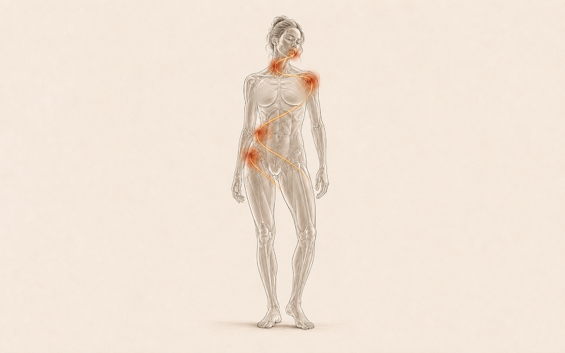 Standing anatomical figure with an S-curve compensation pathway lit up in orange, with pain hotspots at shoulder, hip, and opposite knee