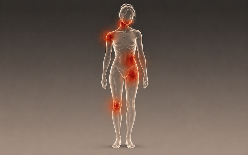 Full body anatomical figure with red and orange pain hotspots glowing at shoulders, hips, and one knee