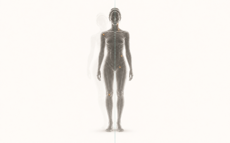 Centered anatomical figure standing aligned, with a faded shadow of a misaligned version behind, showing the contrast between regulation and dysregulation