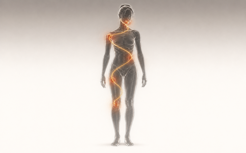 Full body figure with an orange S-curve compensation pathway snaking from shoulder through torso to opposite hip and knee