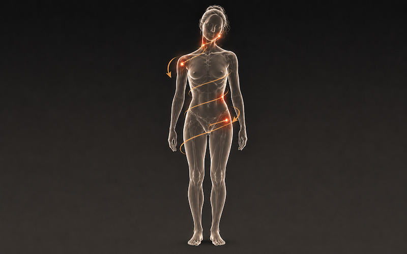 Full body figure with orange rotational compensation arrows spiraling around the torso, with pain hotspots at neck, shoulder, and hip