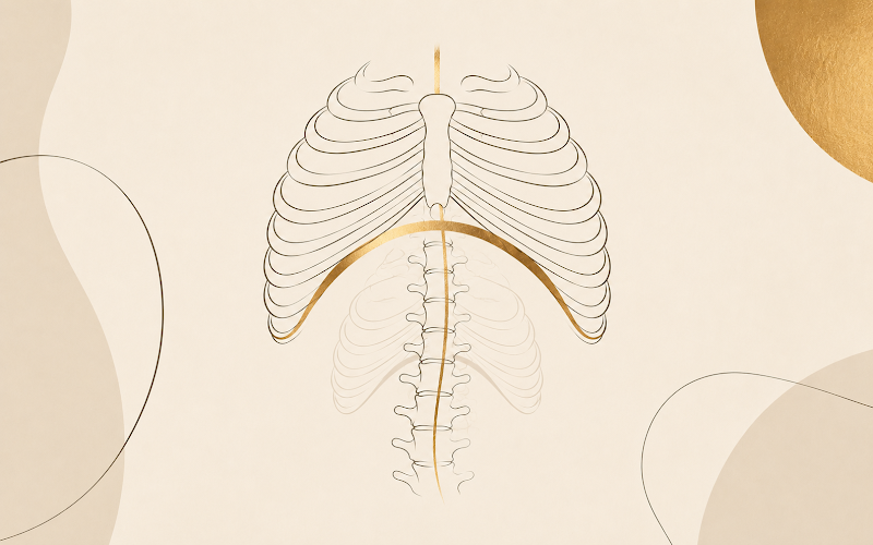 Anatomical illustration of the ribcage with the diaphragm highlighted in gold, showing the breathing muscle that governs the body’s protective force limit