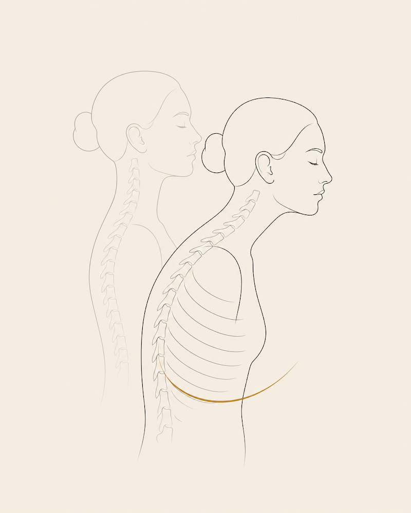 Side-view profile showing two overlapping figures — one aligned and one with forward head posture — illustrating how a shifted ribcage sends the head forward