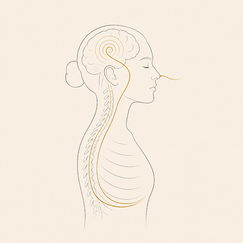 Side profile of head and upper torso showing the brain with a gold spiral, cervical spine, and ribcage, tracing the nervous-system pathway from brain down the spine