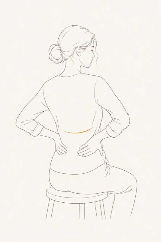 Line illustration: woman seated, hands on lower back ribs, breathing wide